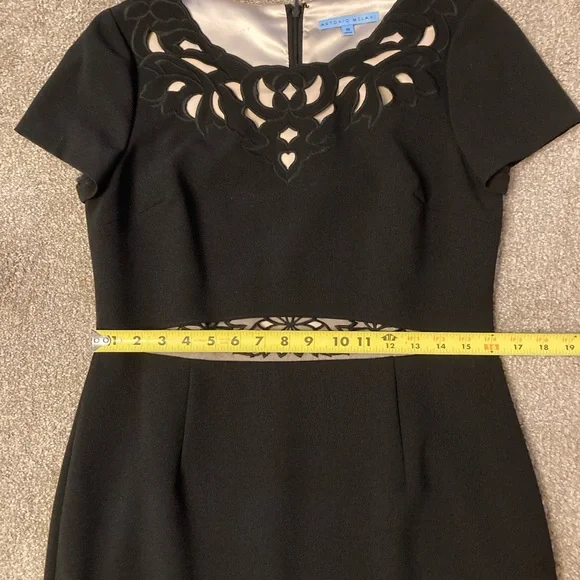 ANTONIO MELANI Black Midi Sheath Dress with Cutout Design Cap Sleeves Size 10 - Picture 11 of 14